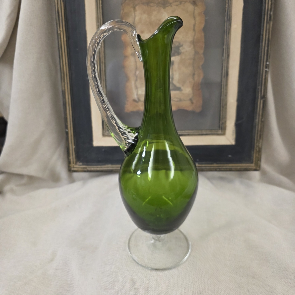 Vntg. 13" Emoli Emerald Green Glass Pitcher w Clear Base & Twisted Glass Handles